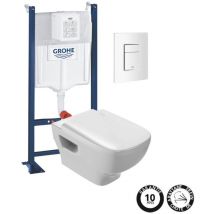 Wc suspendu sans bride Jacob Delafon Struktura + abattant + Bâti support + Even Plaque de commande wc carré blanc