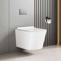 WC suspendu, WC sans rebord - chasse d'eau double trou 360°, WC suspendu, cuvette de WC, chasse d'eau, silencieux, cuvette de WC et abattant de WC