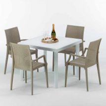 Weiß Quadratisch Tisch Und 4 Stühle Farbiges Polypropylen-außenmastenset Grand Soleil Arm Bistrot Love - Beige