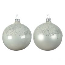 Weiße Weihnachtskugel oben mit Glitzer verziert Ø8 cm