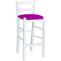 Weißer Holzhocker mit lila Kunstledersitz, Höhe 67 cm vom Boden bis zur Sitzfläche