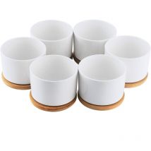 Weißer Keramik-Sukkulententopf, Blumentöpfe, kleiner Topfbehälter mit Bambus-Tablett (6 Stück)