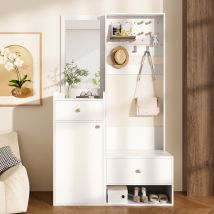Weißes Flurmöbel-set, Eleganter Kleiderschrank Mit Spiegel, Haken Und Regalen, 2 Schubladen Und 1 Tür, 105 X 38 X 180 Cm