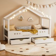 Weißes Kinderbett 90 × 200 Cm, Spielhausbett Mit Maltafel, 2 Großen Aufbewahrungsschubladen Und Dachdesign – Massivholz+mdf