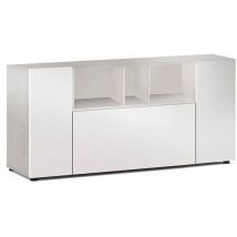 Highboard Paterson, Modernes Sideboard mit 3 Türen, Wohnzimmerbuffet mit Fächern, Wohnzimmer-Sideboard, Fernsehschrank, cm 150x41h76, Weiß und Zement