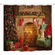 Weihnachtlicher Duschvorhang Mit Weihnachtsbaum-, Kamin- Und Backsteinmuster, Wasserdicht, Für Badezimmer, 150 X 200 Cm, Farbenfroh