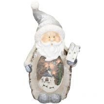 Weihnachtsmann Deko Figur mit led Beleuchtung 52cm Warmweiß Weiß mit grauem Hut und Schal, Holzoptik, Batteriebetrieben, für Innen,