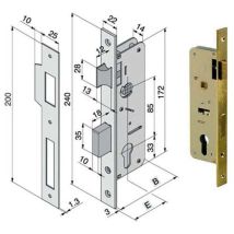 Serratura per infissi in legno – Acciaio ottonato – 2 mandate – Scrocco reversibile – Dimensioni scatola: mm 49/54/59/64/69/74/84/94/104 x 172