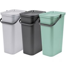Wellhome - Lot de 3 poubelles 'moda' avec poignée graphite, sauge et blanche, 25L, 33,7X26X45,5 cm
