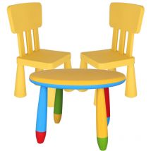 WellHome Table ronde et 2 chaises enfant en plastique solide et résistant- Jaune