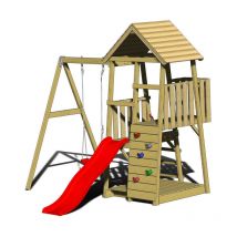 Holz Spielturm Panda inkl. Rutsche, Kletterwand und Schaukel Natur 290x270x270 cm - Wendi Toys