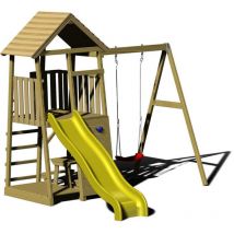 Kinderspielhaus, Kletterturm 'Pelikan' mit Rutsche, Kletterwand, Sitzecke und Schaukel, holz / gelb - Wendi Toys
