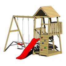 Holz Spielturm Salamander inkl. Rutsche, Kletterwand und 2 Schaukeln Natur 290x340x270 cm - Wendi Toys
