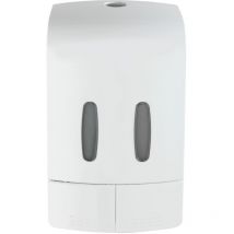 WENKO Distributeur savon liquide mural Tartas, distributeur gel hydroalcoolique mural, sans perçage, Capacité 2x480 ml, Plastique, 14,5x24x9 cm, blanc