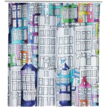 Rideau de douche original Sunny City, Rideau de douche 180x200 cm, lavable en machine et waterproof, 12 anneaux rideau de douche en plastique blanc