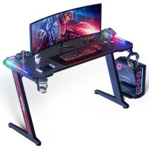 Wevalley - Bureau Gaming led, 140 x 60cm Grande Bureau Gamer avec Un Plateau en Fibre de Carbone, Bureau Informatique Ergonomique avec Tapis de