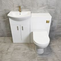 White 1050mm Bathroom Vanity Suite Sink + Toilet + Gold Brushed Brass Handles, No Tap