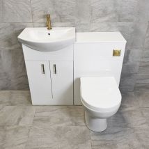 Hydros - White 1050mm Bathroom Vanity Suite Sink + Toilet + Gold Brushed Brass Handles, With Tap & Waste