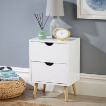 Home Source - White 2 Drawer Bedside Cabinet Wooden Side Lamp Table Nightstand Scandi Legs