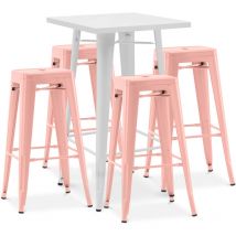 Pack White Stool Table & 4 Bar Stools Industrial Design - Metal - New Edition - Bistrot Stylix