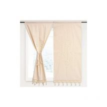 White Cotton Embroidered Kitchen Curtain, Cafe Curtain, Dining Room Curtain with Hook Tassel Border 70x150cm (Beige 2 Panels)