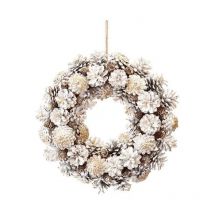 Festive - White & Gold Pinecone Wreath - 30cm (12) Diameter (P027727) - White , Gold