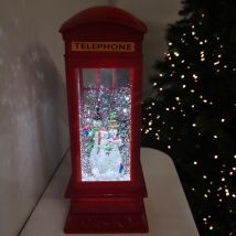 Premier Decorations - 26.5cm Christmas Water Spinner Telephone Box Design with Snowman Scene Dual Power