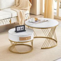 Abrihome - White Two-piece Coffee Table Set with Rattan Drawers, Gold Accents and Marble-style pvc Sticker Tabletop
