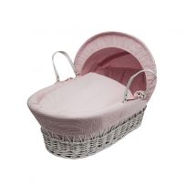 Waffle White Wicker Moses Basket With Quilt, Padded Liner, Body Surround and Adjustable Hood & Adjustable Hood - Pink - Pink