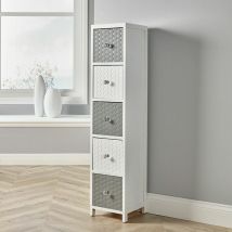 White Wooden Storage Unit 5 Drawer Tall Chest Bedroom Organiser Crystal Handles - White