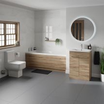 Wholesale Domestic Denton 1700mm Slim Edge Straight Single Ended Bathroom Suite including Bordalino Oak Vanity Unit with Polished Chrome Handles