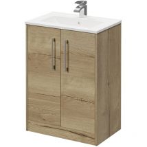 Wholesale Domestic - Horizon Autumn Oak 600mm Floor Standing Vanity Unit with 1 Tap Hole Minimalist Basin and 2 Doors with Polished Chrome Handles