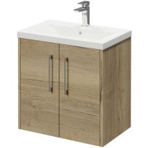 Wholesale Domestic Horizon Autumn Oak 600mm Wall Mounted Vanity Unit with 1 Tap Hole Basin and 2 Doors with Polished Chrome Handles