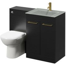Wholesale Domestic - Venice Mono Nero Oak 1100mm Vanity Unit Toilet Suite with Grey Glass 1 Tap Hole Basin and 2 Doors with Brushed Brass Handles