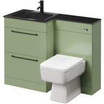 Wholesale Domestic - Venice Square Olive Green 1100mm Vanity Unit Toilet Suite with Left Hand Anthracite Glass 1 Tap Hole Basin and 2 Drawers with