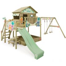 Aire de jeux Disney Quest avec balançoire & toboggan, maison sur pilotis avec bac à sable, échelle d'escalade & accessoires de jeu - Stitch - Wickey
