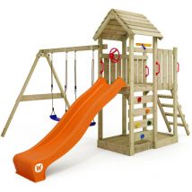 Aire de jeux Portique bois MultiFlyer Toit en bois avec balançoire et toboggan Maison enfant exterieur avec bac à sable, échelle d'escalade &