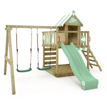 Wickey Wooden climbing frame Smart Candy with swing set and purple slide, Playhouse on stilts for kids with sandpit, climbing ladder &