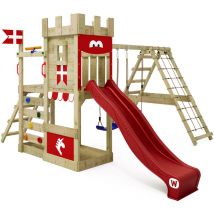 Wooden climbing frame DragonFlyer with swing set and slide, Knight's playcastle with sandpit, climbing ladder & play-accessories - red - red - Wickey