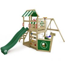 Wooden climbing frame SeaFlyer with swing set and slide, Playhouse on stilts for kids with sandpit, climbing ladder & play-accessories - green