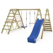 Wickey - Kinderschaukel Schaukelgestell Smart Shake mit Rutsche und Kletteranbau, Schaukel, Schaukelgerüst, Doppelschaukel, Holzschaukel - blau