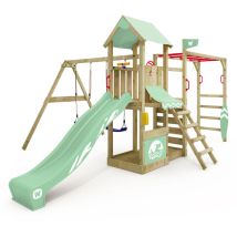 Klettergerüst Spielturm Smart Baboon mit Schaukel & Rutsche, Kletterturm mit Sandkasten, Leiter & Spiel-Zubehör - pastellgrün - Wickey