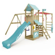 Klettergerüst Spielturm Smart Baboon mit Schaukel & Rutsche, Kletterturm mit Sandkasten, Leiter & Spiel-Zubehör - pastellblau - Wickey