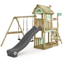 Parco giochi in legno FarmFlyer Tetto in legno Giochi da giardino con altalena e scivolo Casetta da gioco per l'arrampicata con sabbiera e scala di