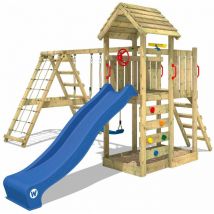 Parco giochi in legno RocketFlyer Giochi da giardino con altalena e scivolo blu Torre d'arrampicata da esterno con sabbiera e scala di risalita per