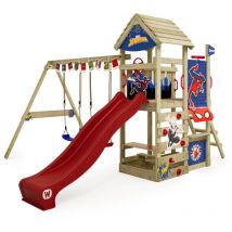 Wickey - Parque infantil de madera Disney Adventure con columpio y tobogán Torre de escalada de exterior con techo, arenero y escalera para niños