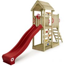 Wickey - Parque infantil de madera JoyFlyer con tobogán azul Torre de escalada de exterior con arenero y escalera para niños - rojo