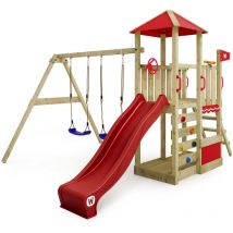 Wickey Parque infantil de madera Smart Savana con columpio y tobogán Torre de escalada de exterior con arenero y escalera para niños – roja