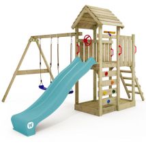 Wickey Spielturm Klettergerüst Multiflyer Holzdach Mit Schaukel & Rutsche, Kletterturm Mit Holzdach, Sandkasten, Leiter & Spiel-zubehör - Pastellblau