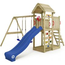 Wickey - Spielturm Klettergerüst MultiFlyer Holzdach mit Schaukel & Rutsche, Kletterturm mit Holzdach, Sandkasten, Leiter & Spiel-Zubehör - blau